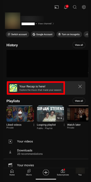 Access Recap in YouTube App