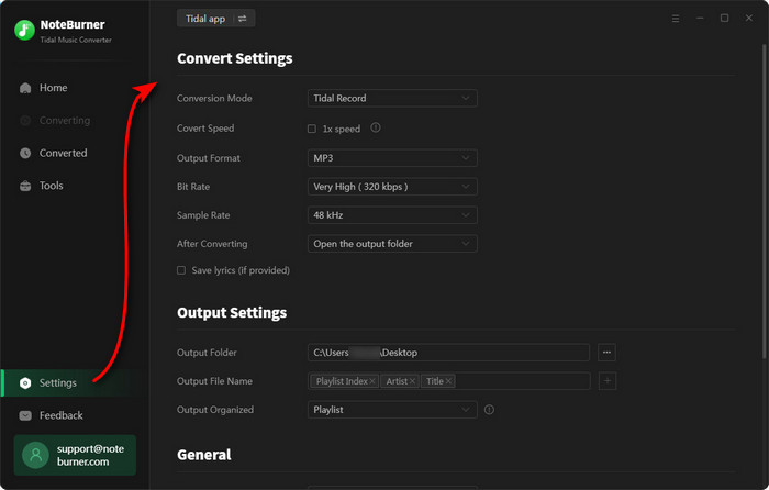 change settings of tidal music